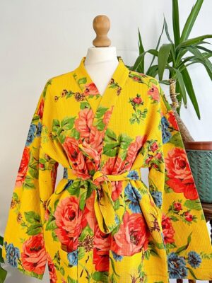 Pure Waffle Cotton Handprinted House Bath Robe Summer Kimono | Floral Spa Beach Coverup | Bloom Bright Yellow Orange Rose Bouquet Botanical - Image 9