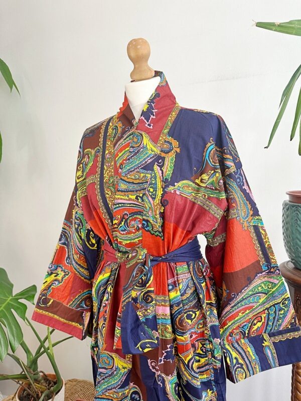 Pure Cotton Indian Block printed House Robe Summer Kimono | Floral Beach Coverup/Comfy Festival Vibes | Quirky Navy Orange Abstract Paisley