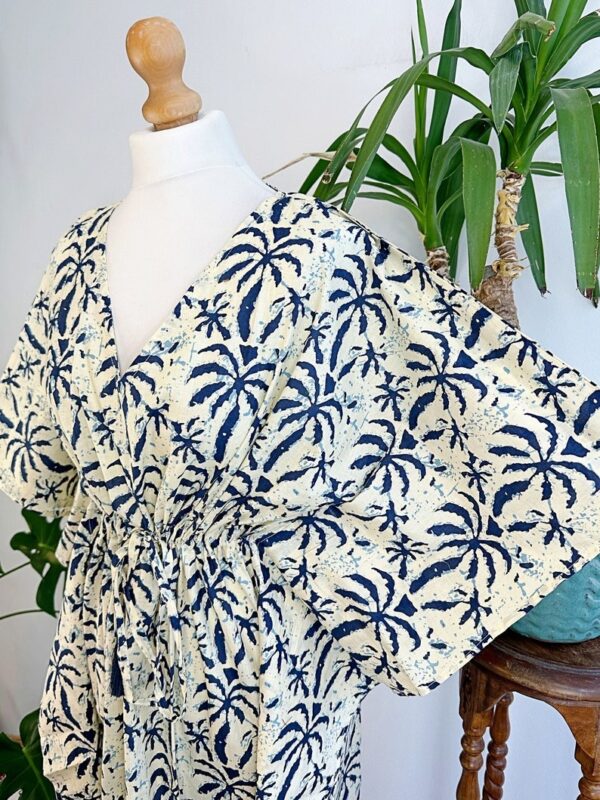Pure Cotton Kaftan Long Dress Indian Blockprint Summer Kimono Floral Beach Spa Travel Coverup Comfy Summer Cream Indigo Blue Palm Tree