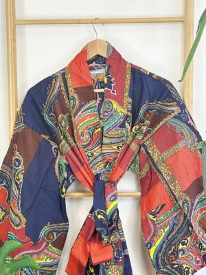 Pure Cotton Indian Block printed House Robe Summer Kimono | Floral Beach Coverup/Comfy Festival Vibes | Quirky Navy Orange Abstract Paisley - Image 2
