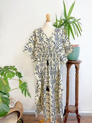 Pure Cotton Kaftan Long Dress Indian Blockprint Summer Kimono Floral Beach Spa Travel Coverup Comfy Summer Cream Indigo Blue Palm Tree - Image 2