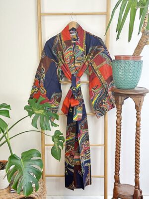 Pure Cotton Indian Block printed House Robe Summer Kimono | Floral Beach Coverup/Comfy Festival Vibes | Quirky Navy Orange Abstract Paisley - Image 3