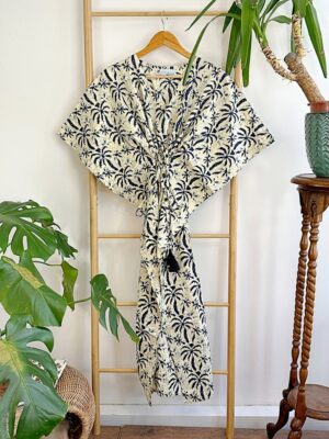 Pure Cotton Kaftan Long Dress Indian Blockprint Summer Kimono Floral Beach Spa Travel Coverup Comfy Summer Cream Indigo Blue Palm Tree - Image 3