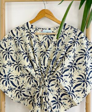Pure Cotton Kaftan Long Dress Indian Blockprint Summer Kimono Floral Beach Spa Travel Coverup Comfy Summer Cream Indigo Blue Palm Tree - Image 4
