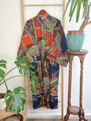Pure Cotton Indian Block printed House Robe Summer Kimono | Floral Beach Coverup/Comfy Festival Vibes | Quirky Navy Orange Abstract Paisley - Image 5