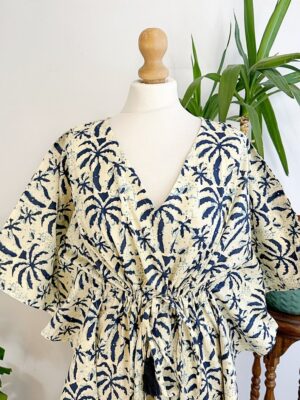 Pure Cotton Kaftan Long Dress Indian Blockprint Summer Kimono Floral Beach Spa Travel Coverup Comfy Summer Cream Indigo Blue Palm Tree - Image 5