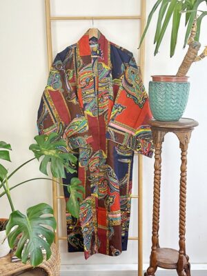 Pure Cotton Indian Block printed House Robe Summer Kimono | Floral Beach Coverup/Comfy Festival Vibes | Quirky Navy Orange Abstract Paisley - Image 6
