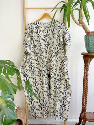 Pure Cotton Kaftan Long Dress Indian Blockprint Summer Kimono Floral Beach Spa Travel Coverup Comfy Summer Cream Indigo Blue Palm Tree - Image 6
