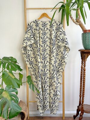 Pure Cotton Kaftan Long Dress Indian Blockprint Summer Kimono Floral Beach Spa Travel Coverup Comfy Summer Cream Indigo Blue Palm Tree - Image 7