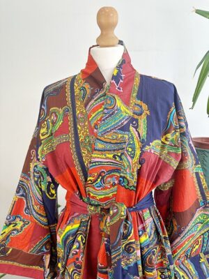 Pure Cotton Indian Block printed House Robe Summer Kimono | Floral Beach Coverup/Comfy Festival Vibes | Quirky Navy Orange Abstract Paisley - Image 8