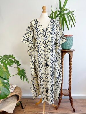 Pure Cotton Kaftan Long Dress Indian Blockprint Summer Kimono Floral Beach Spa Travel Coverup Comfy Summer Cream Indigo Blue Palm Tree - Image 8