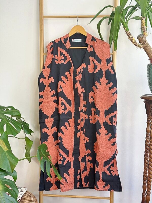 Suzani Hand Wool Embroidery Long Sleeveless Open Coat Jacket | Autumn Boho Elegant Gilet Love Special Gift | Black Peachy Orange Ikat Motif