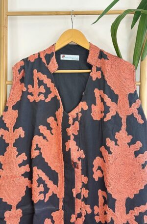 Suzani Hand Wool Embroidery Long Sleeveless Open Coat Jacket | Autumn Boho Elegant Gilet Love Special Gift | Black Peachy Orange Ikat Motif - Image 2