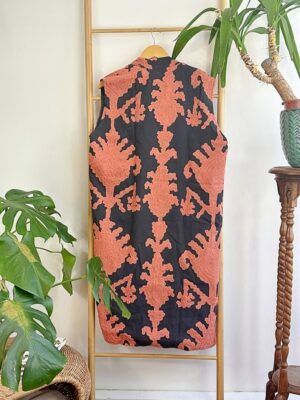 Suzani Hand Wool Embroidery Long Sleeveless Open Coat Jacket | Autumn Boho Elegant Gilet Love Special Gift | Black Peachy Orange Ikat Motif - Image 3