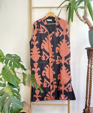 Suzani Hand Wool Embroidery Long Sleeveless Open Coat Jacket | Autumn Boho Elegant Gilet Love Special Gift | Black Peachy Orange Ikat Motif - Image 4