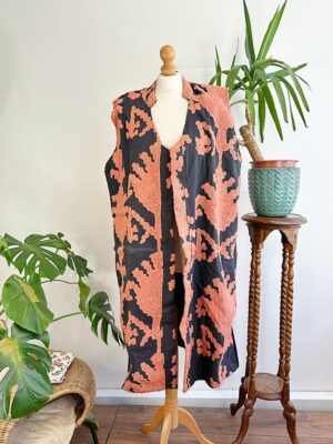 Suzani Hand Wool Embroidery Long Sleeveless Open Coat Jacket | Autumn Boho Elegant Gilet Love Special Gift | Black Peachy Orange Ikat Motif - Image 5