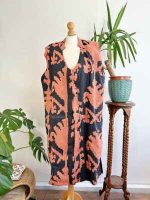 Suzani Hand Wool Embroidery Long Sleeveless Open Coat Jacket | Autumn Boho Elegant Gilet Love Special Gift | Black Peachy Orange Ikat Motif - Image 6