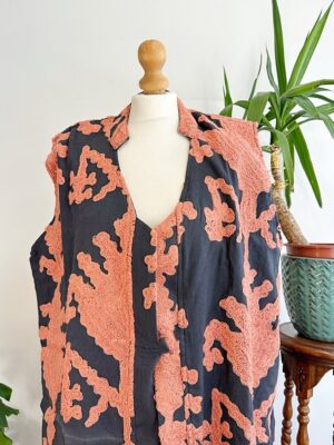 Suzani Hand Wool Embroidery Long Sleeveless Open Coat Jacket | Autumn Boho Elegant Gilet Love Special Gift | Black Peachy Orange Ikat Motif - Image 8
