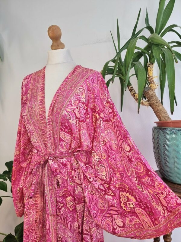 New Silk Sari Boho Kimono Regal House Robe - Luxury Lounge Digital Flowy Gown | Hot Pink Paisley Festival Orange Rose Bloom Duster Coverup