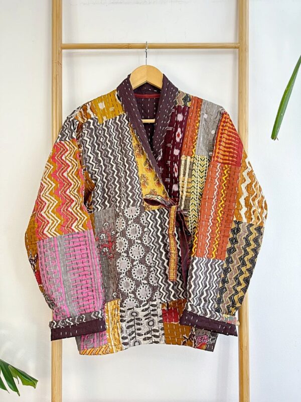 Kantha Reversible Short Length Patchwork Spring Bolero Bohemian Melange Artist Front Tie Open Jacket | Quirky Mustard Hue Earthy Beige Rust