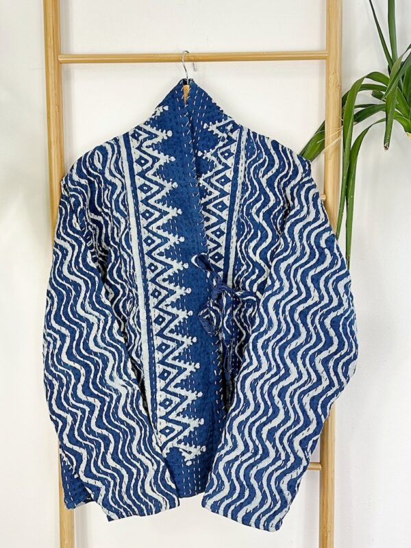 Kantha Reversible Short Length Spring Autumn Bolero Bohemian Artist Unisex Front Tie Jacket Indigo Blue White Chevron Wave Triangle Tribal