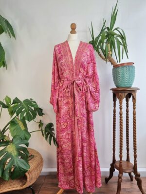 New Silk Sari Boho Kimono Regal House Robe - Luxury Lounge Digital Flowy Gown | Hot Pink Paisley Festival Orange Rose Bloom Duster Coverup - Image 2