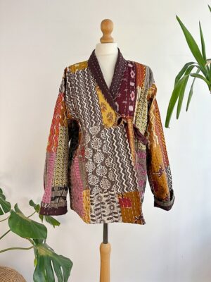 Kantha Reversible Short Length Patchwork Spring Bolero Bohemian Melange Artist Front Tie Open Jacket | Quirky Mustard Hue Earthy Beige Rust - Image 2