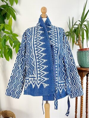 Kantha Reversible Short Length Spring Autumn Bolero Bohemian Artist Unisex Front Tie Jacket Indigo Blue White Chevron Wave Triangle Tribal - Image 2