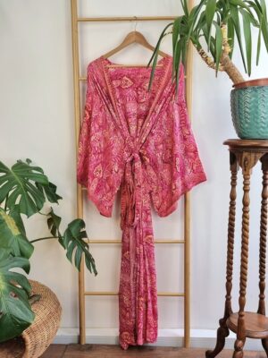 New Silk Sari Boho Kimono Regal House Robe - Luxury Lounge Digital Flowy Gown | Hot Pink Paisley Festival Orange Rose Bloom Duster Coverup - Image 3