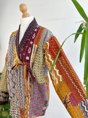 Kantha Reversible Short Length Patchwork Spring Bolero Bohemian Melange Artist Front Tie Open Jacket | Quirky Mustard Hue Earthy Beige Rust - Image 3