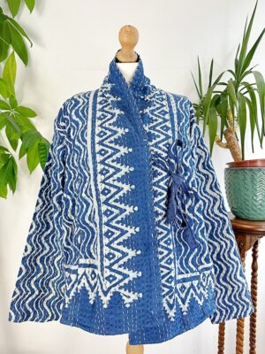 Kantha Reversible Short Length Spring Autumn Bolero Bohemian Artist Unisex Front Tie Jacket Indigo Blue White Chevron Wave Triangle Tribal - Image 3