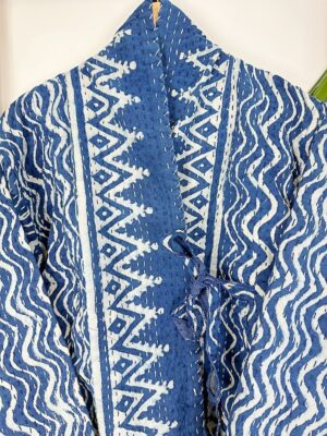 Kantha Reversible Short Length Spring Autumn Bolero Bohemian Artist Unisex Front Tie Jacket Indigo Blue White Chevron Wave Triangle Tribal - Image 4