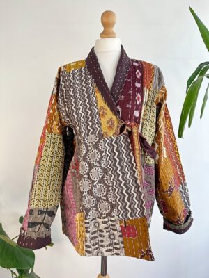 Kantha Reversible Short Length Patchwork Spring Bolero Bohemian Melange Artist Front Tie Open Jacket | Quirky Mustard Hue Earthy Beige Rust - Image 5