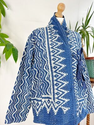 Kantha Reversible Short Length Spring Autumn Bolero Bohemian Artist Unisex Front Tie Jacket Indigo Blue White Chevron Wave Triangle Tribal - Image 5