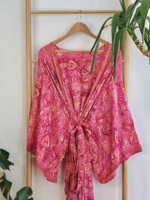 New Silk Sari Boho Kimono Regal House Robe - Luxury Lounge Digital Flowy Gown | Hot Pink Paisley Festival Orange Rose Bloom Duster Coverup - Image 6
