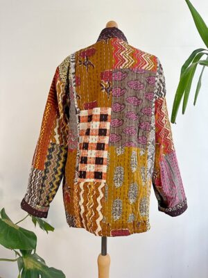 Kantha Reversible Short Length Patchwork Spring Bolero Bohemian Melange Artist Front Tie Open Jacket | Quirky Mustard Hue Earthy Beige Rust - Image 6
