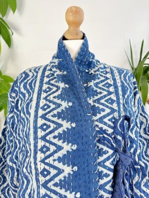 Kantha Reversible Short Length Spring Autumn Bolero Bohemian Artist Unisex Front Tie Jacket Indigo Blue White Chevron Wave Triangle Tribal - Image 6