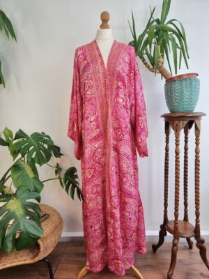 New Silk Sari Boho Kimono Regal House Robe - Luxury Lounge Digital Flowy Gown | Hot Pink Paisley Festival Orange Rose Bloom Duster Coverup - Image 7