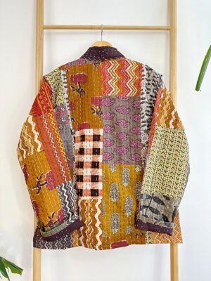 Kantha Reversible Short Length Patchwork Spring Bolero Bohemian Melange Artist Front Tie Open Jacket | Quirky Mustard Hue Earthy Beige Rust - Image 7