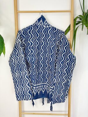 Kantha Reversible Short Length Spring Autumn Bolero Bohemian Artist Unisex Front Tie Jacket Indigo Blue White Chevron Wave Triangle Tribal - Image 7