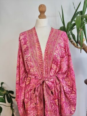 New Silk Sari Boho Kimono Regal House Robe - Luxury Lounge Digital Flowy Gown | Hot Pink Paisley Festival Orange Rose Bloom Duster Coverup - Image 8