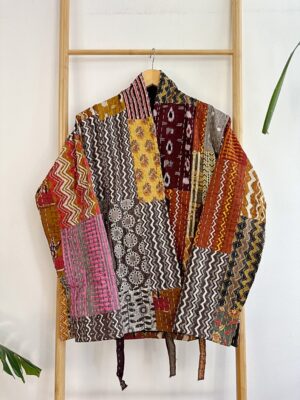 Kantha Reversible Short Length Patchwork Spring Bolero Bohemian Melange Artist Front Tie Open Jacket | Quirky Mustard Hue Earthy Beige Rust - Image 8