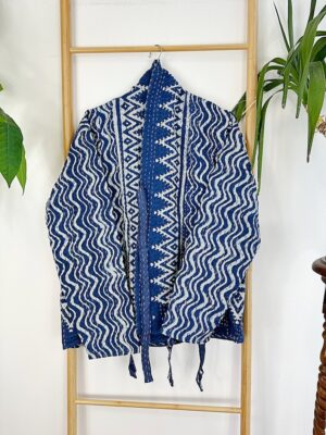 Kantha Reversible Short Length Spring Autumn Bolero Bohemian Artist Unisex Front Tie Jacket Indigo Blue White Chevron Wave Triangle Tribal - Image 8