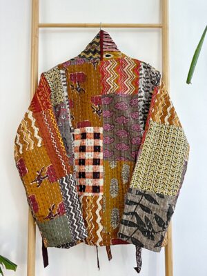 Kantha Reversible Short Length Patchwork Spring Bolero Bohemian Melange Artist Front Tie Open Jacket | Quirky Mustard Hue Earthy Beige Rust - Image 9