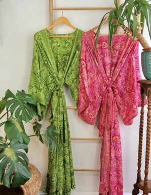 New Silk Sari Boho Kimono Regal House Robe - Luxury Lounge Digital Flowy Gown | Hot Pink Paisley Festival Orange Rose Bloom Duster Coverup - Image 9