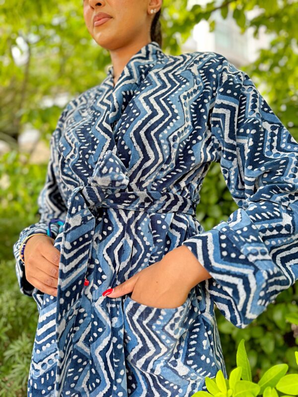 Luxury Velvet House Robe Unisex Kimono Boho Jacket Silky Lined Quirky Autumn Winter Christmas Luxe Gift Geometric Chevron White Blue Indigo