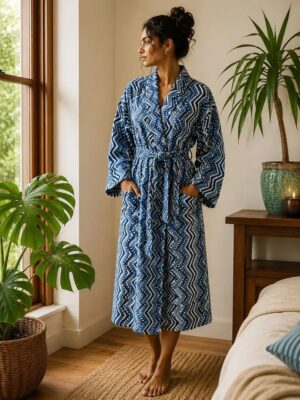 Luxury Velvet House Robe Unisex Kimono Boho Jacket Silky Lined Quirky Autumn Winter Christmas Luxe Gift Geometric Chevron White Blue Indigo