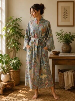 Pure Cotton Indian Block-print House Dressing Robe Kimono | Floral Beach Coverup/Comfy Maternity Mom | Tribal Quirky Summer Pastel Grey