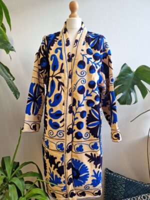 Suzani Hand Embroidered Long Jacket | Autumn Winter Boho Uzbek Kashmir Crewel | Christmas Special Gift | Classic Elegant Beige Blue | - Image 2