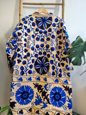 Suzani Hand Embroidered Long Jacket | Autumn Winter Boho Uzbek Kashmir Crewel | Christmas Special Gift | Classic Elegant Beige Blue | - Image 4